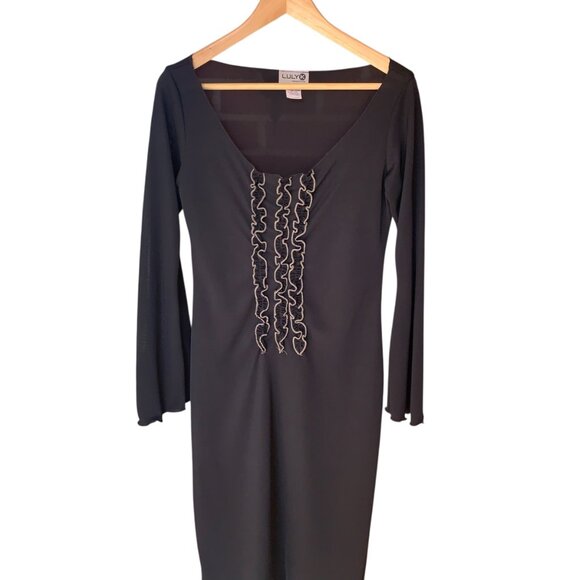 Vintage Luly K Sheer Black Midi Dress With Ruffle Front Bell Sleeves Sz L Witchy - Picture 3 of 16